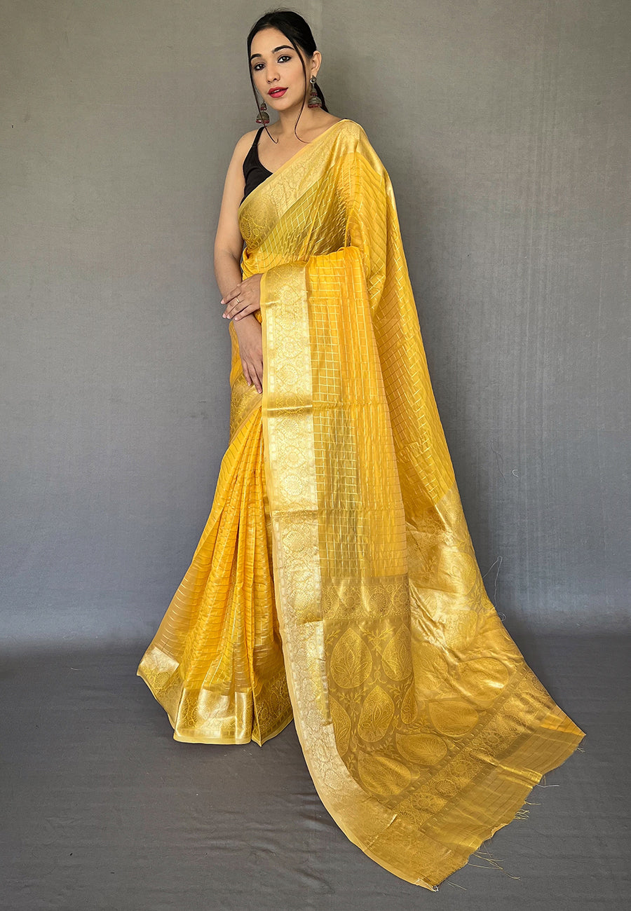 Old Gold Yellow Zari Woven Organza Checks Saree