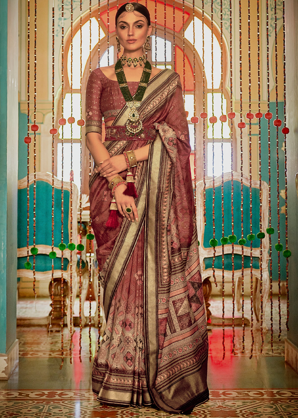 Sepia Brown Printed Patola Soft Silk Saree