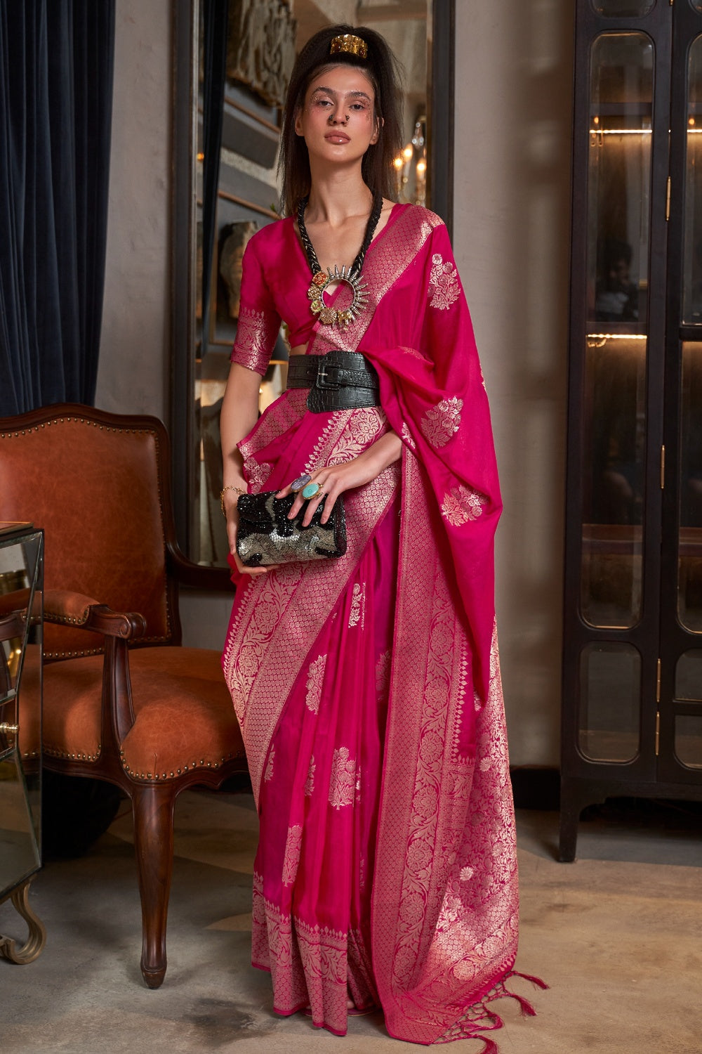 Razzmatazz Pink Woven Georgette Silk Saree