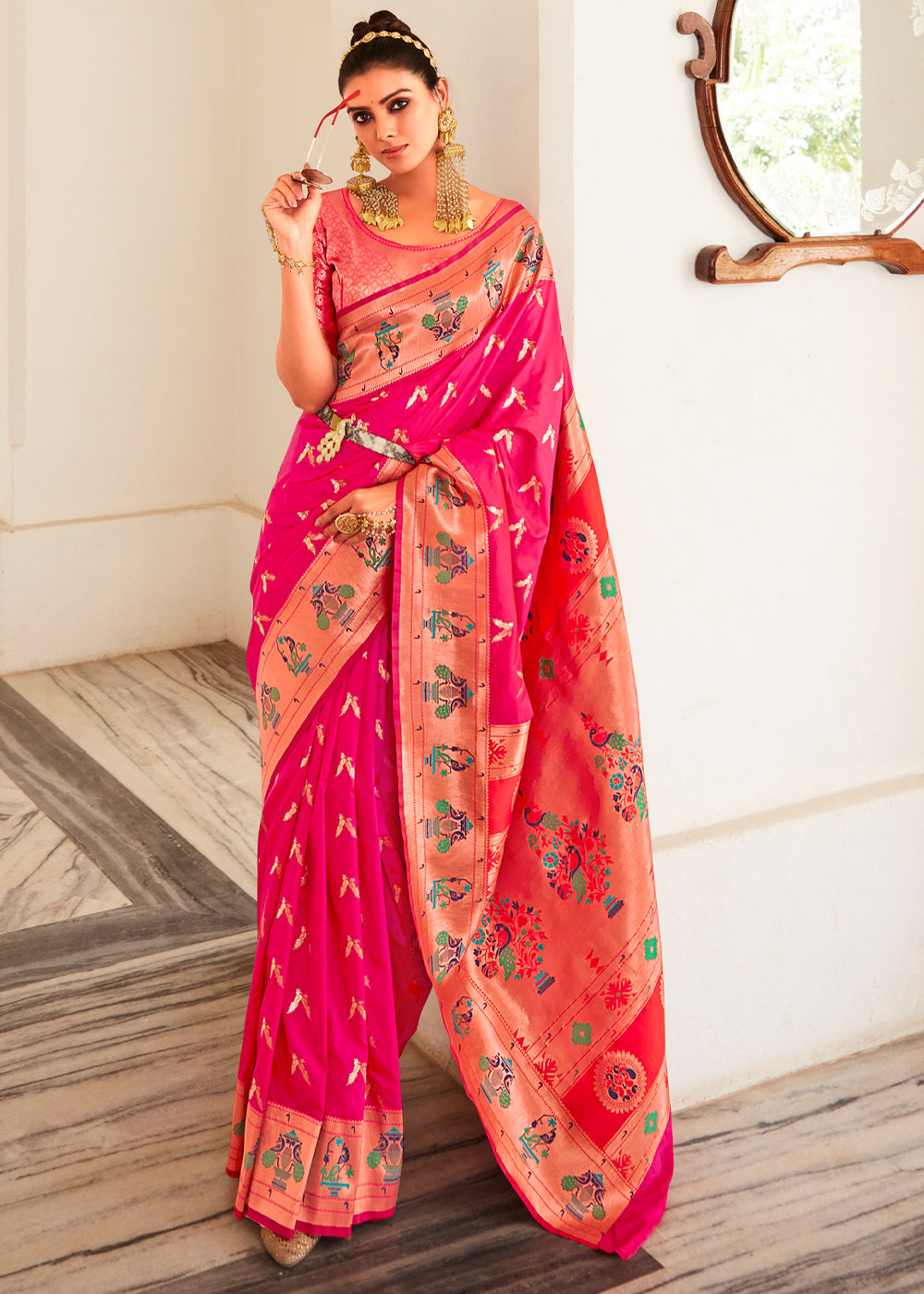 Amaranth Pink Zari Woven Paithani Silk Saree