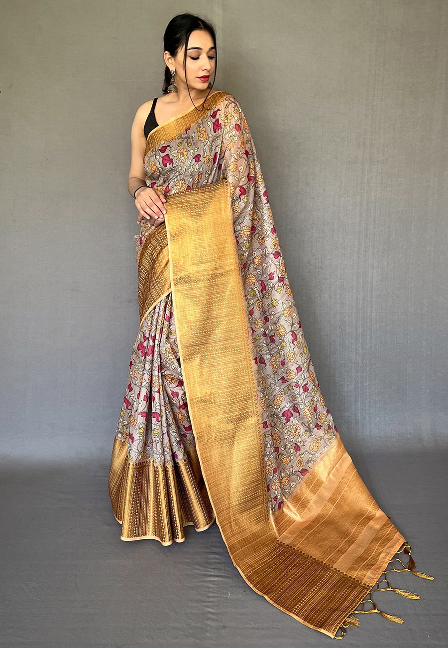 Cashmere Brown Zari Woven Cotton Kalamkari Digital Printed Saree