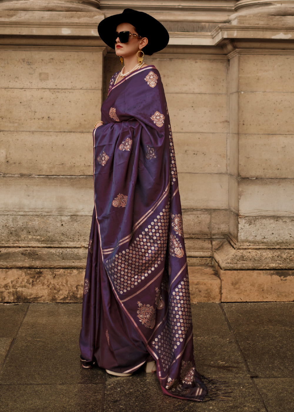 Eggplant Purple Woven Banarasi Satin Silk Saree