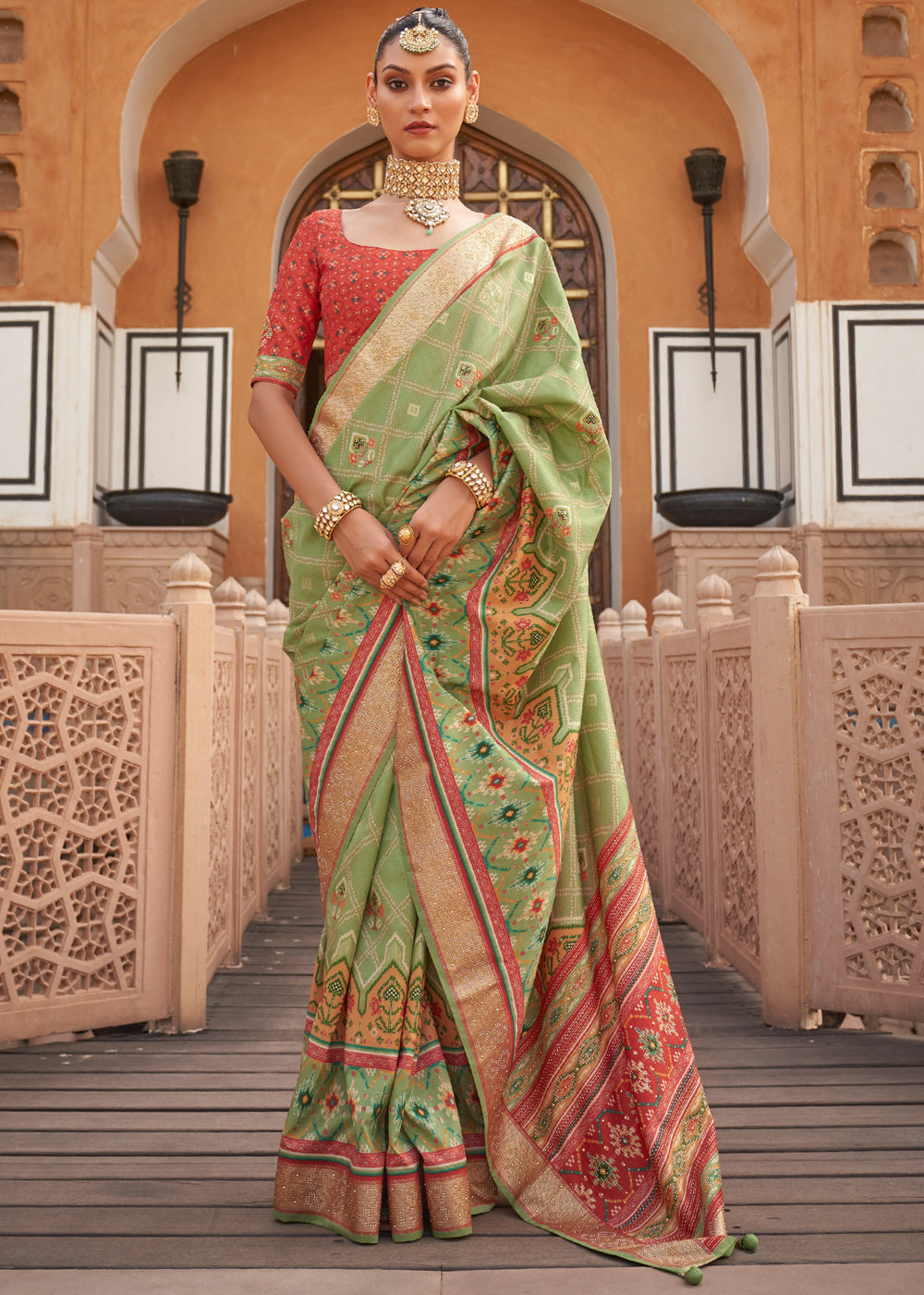 Winter Hazel Green Printed Patola Silk Saree