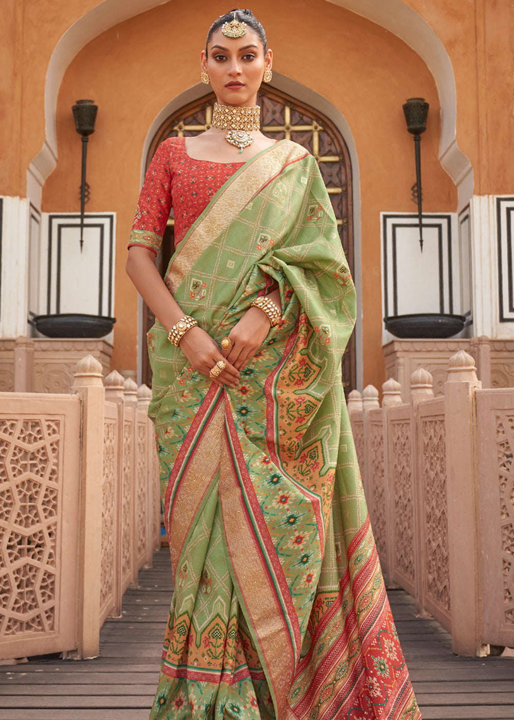 Winter Hazel Green Printed Patola Silk Saree