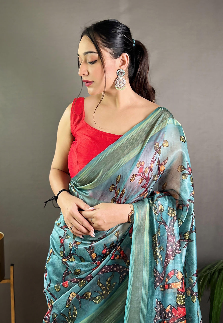 Edgewater Blue Cotton Kalamkari Printed Saree