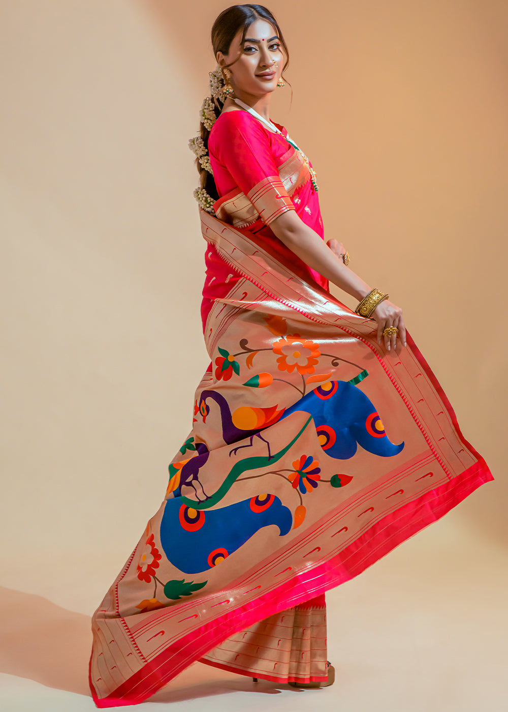 Scarlet Pink Woven Paithani Silk Saree