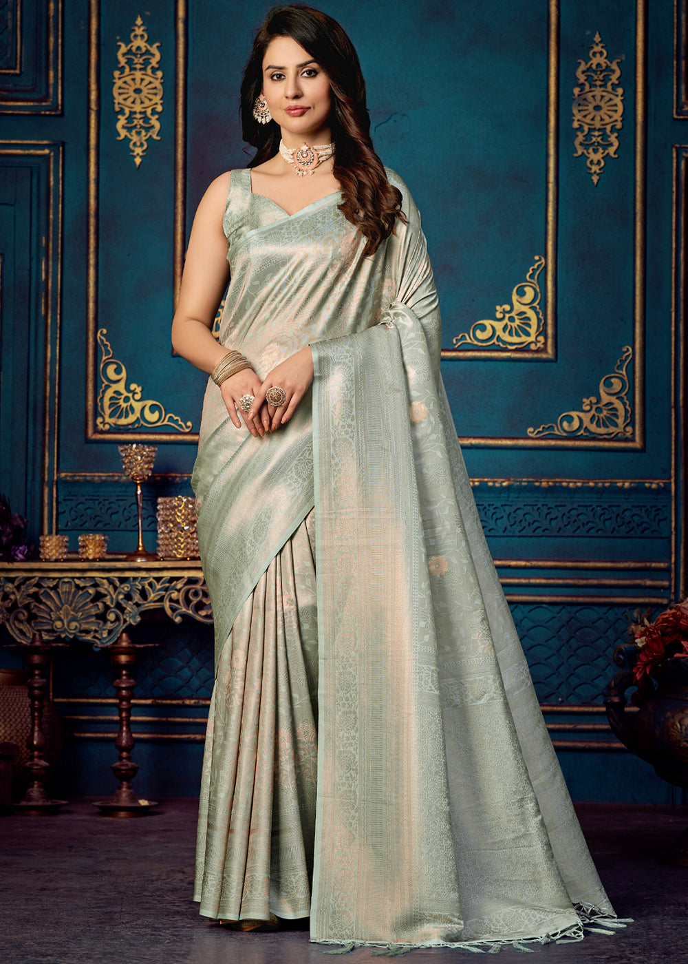 Delta Grey Woven Banarasi Jacquard Silk Saree