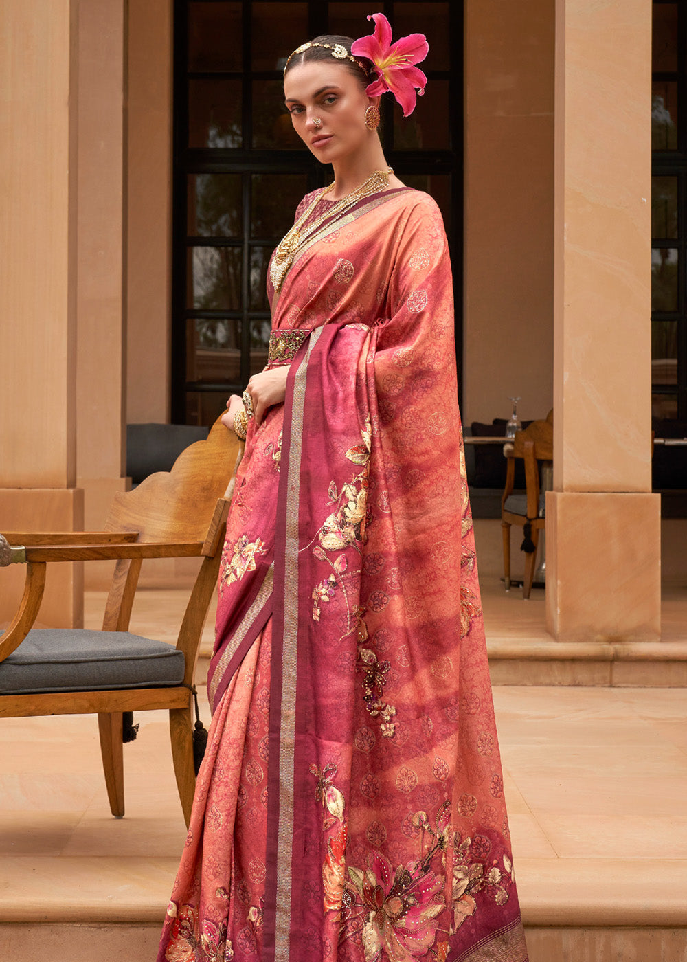 Carnation Pink Printed Patola Soft Silk Saree