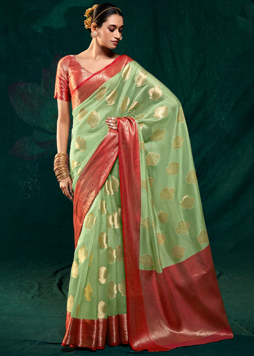 Olivine Green Woven Banarasi Organza Silk Saree