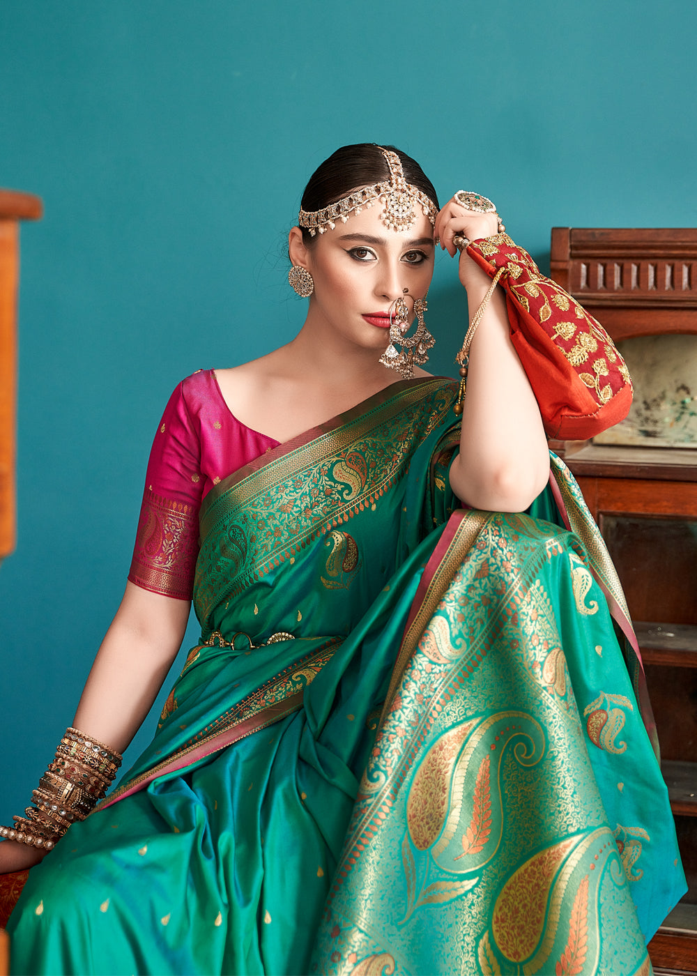 Jewel Green Woven Banarasi Soft Silk Saree