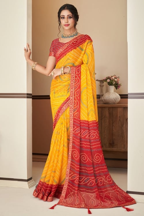 Zest Yellow Chiffon Bandhani saree