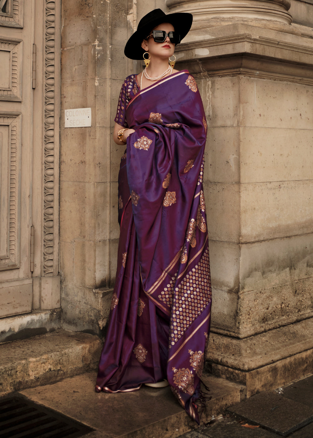 Eggplant Purple Woven Banarasi Satin Silk Saree