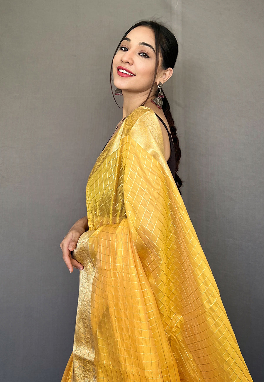 Old Gold Yellow Zari Woven Organza Checks Saree