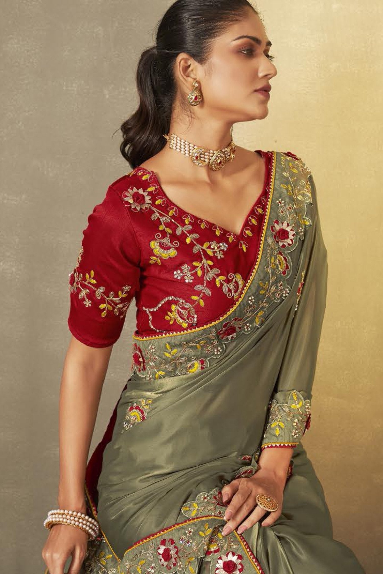 Hemlock Green and Maroon Embroidered Silk Saree with Designer Blouse