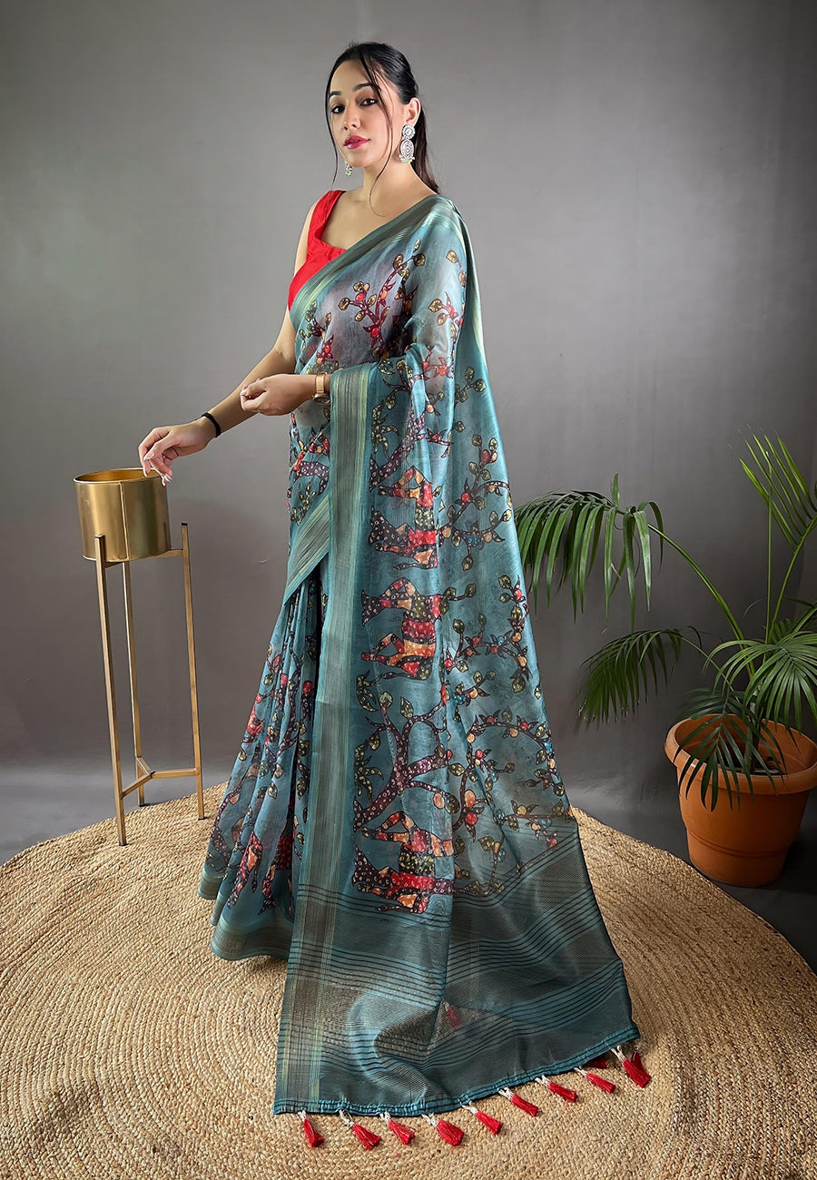 Edgewater Blue Cotton Kalamkari Printed Saree