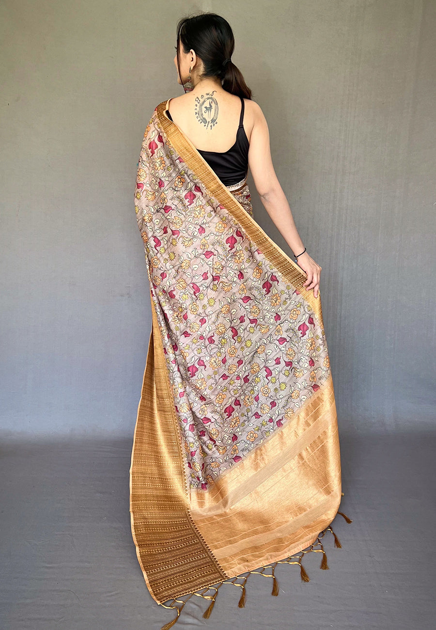 Cashmere Brown Zari Woven Cotton Kalamkari Digital Printed Saree