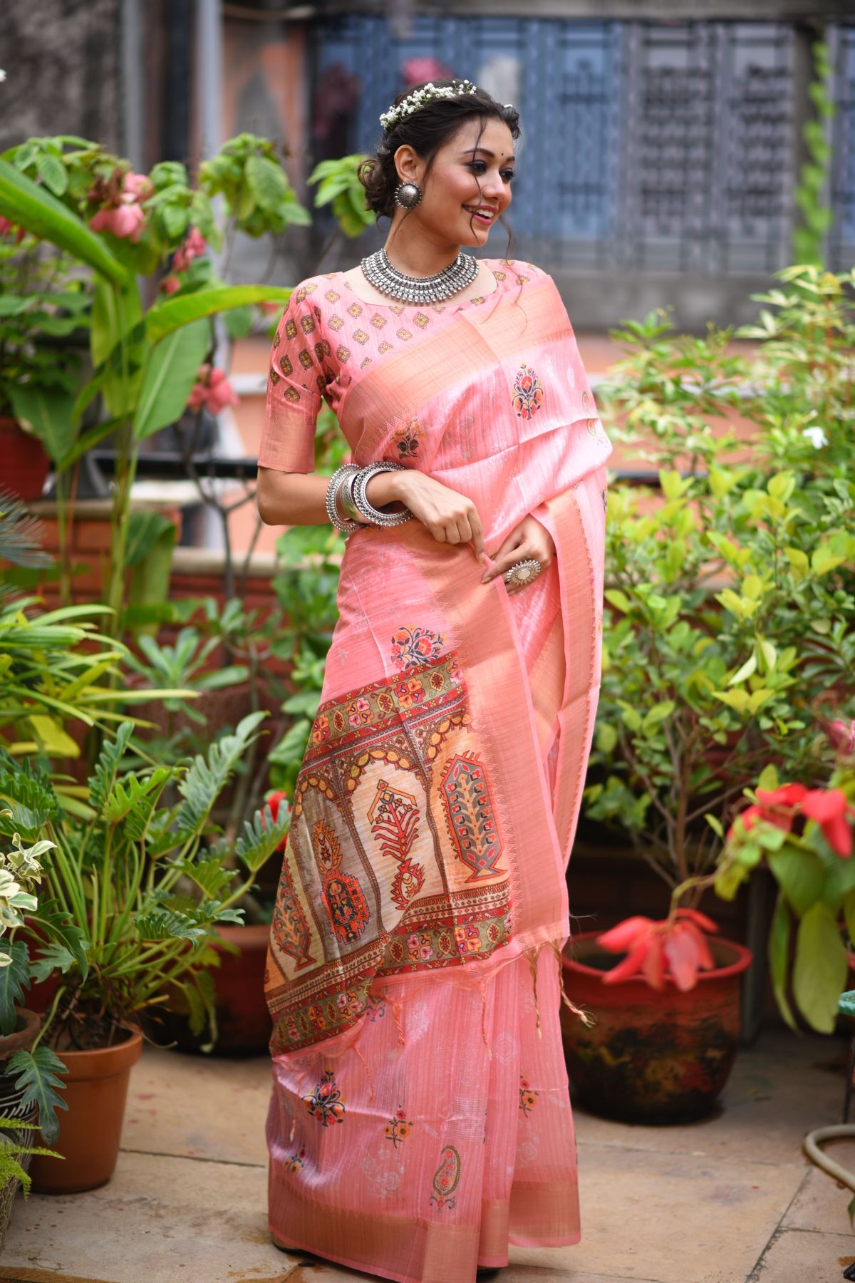 Bush Pink Printed South Silk Saree