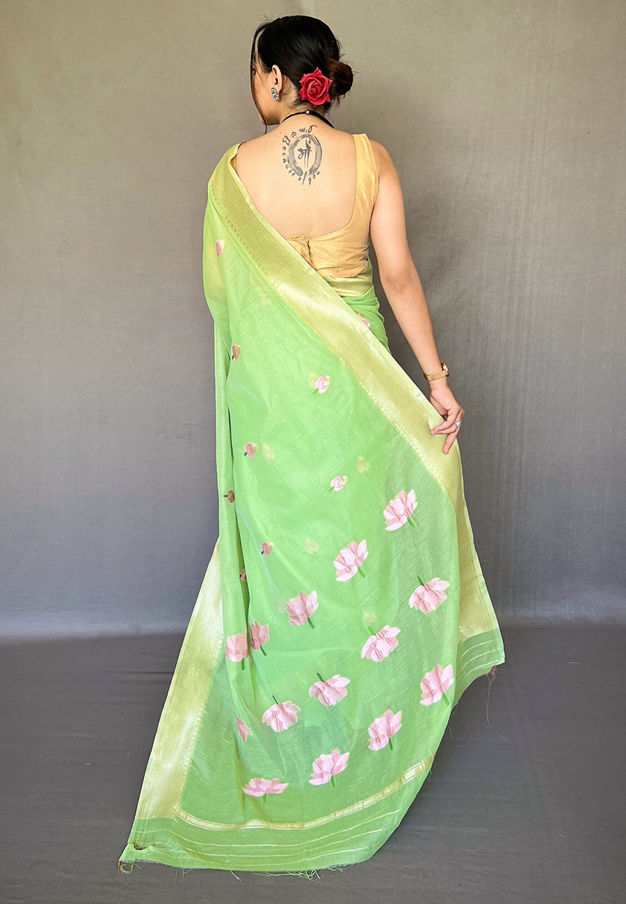 Gossip Green Cotton Lotus Woven Silk Saree