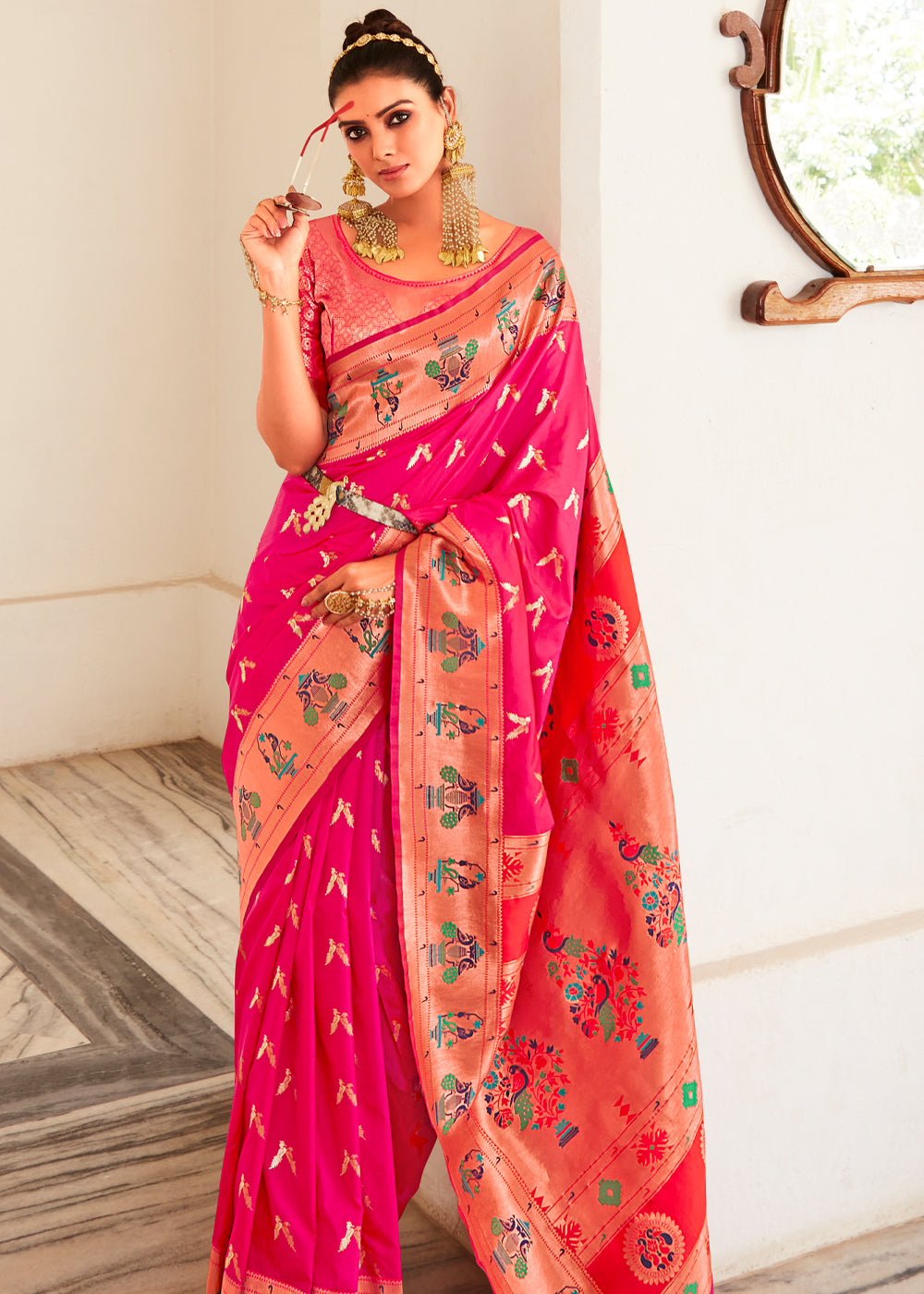 Amaranth Pink Zari Woven Paithani Silk Saree