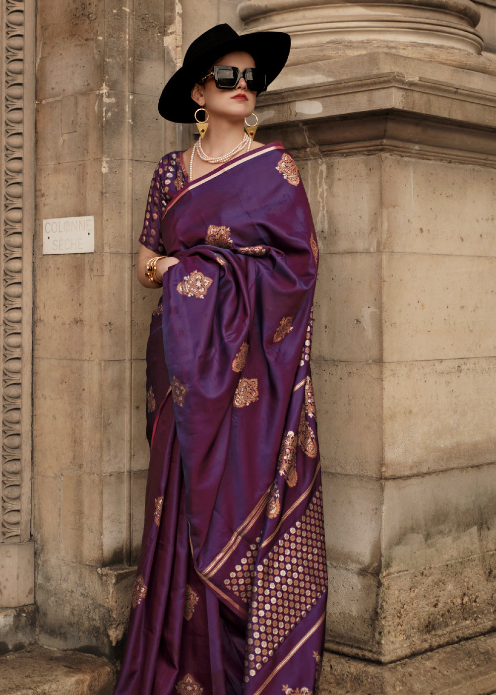 Eggplant Purple Woven Banarasi Satin Silk Saree