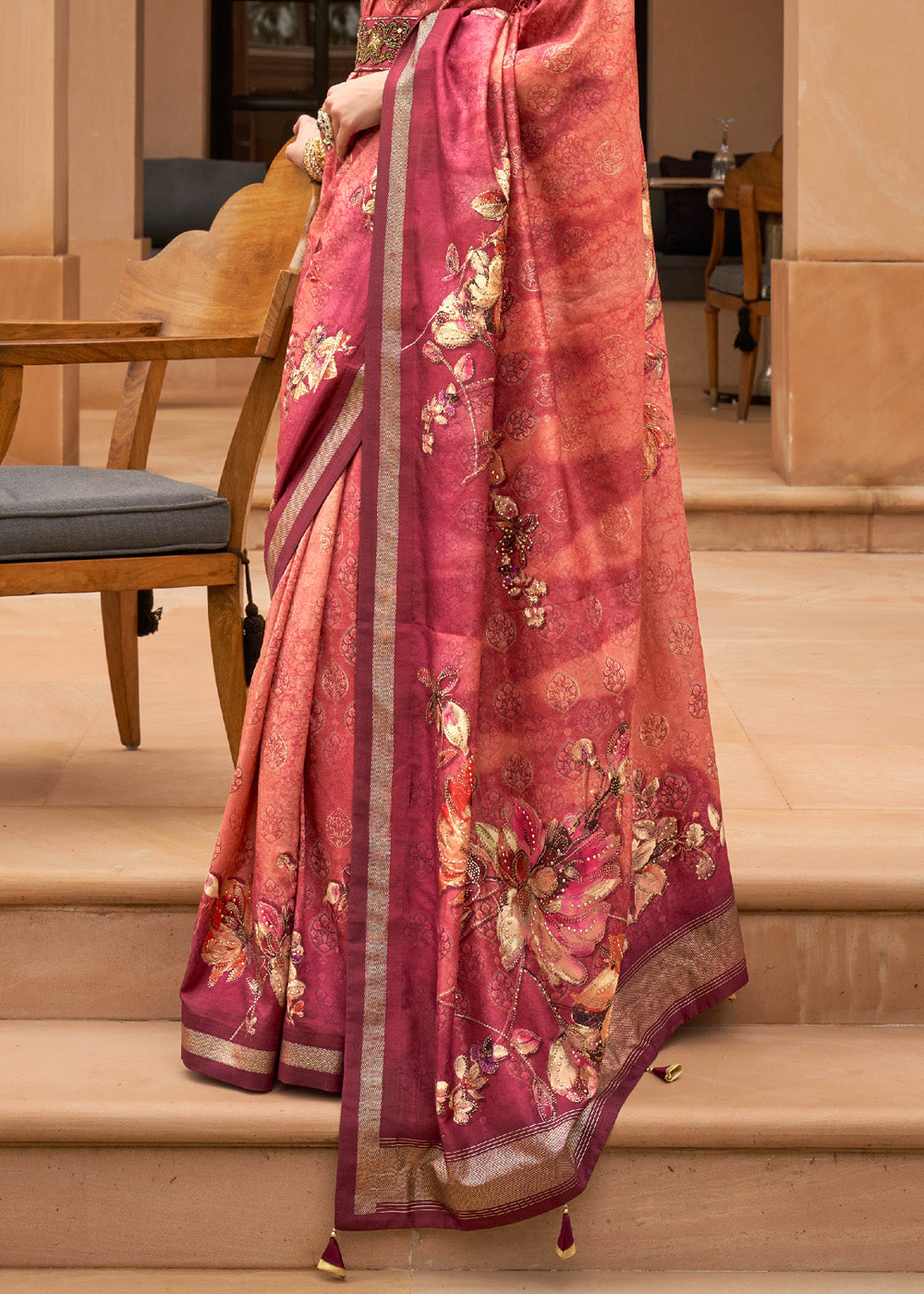 Carnation Pink Printed Patola Soft Silk Saree