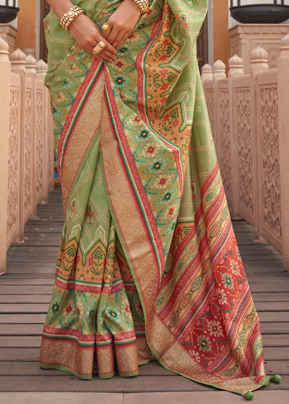 Winter Hazel Green Printed Patola Silk Saree