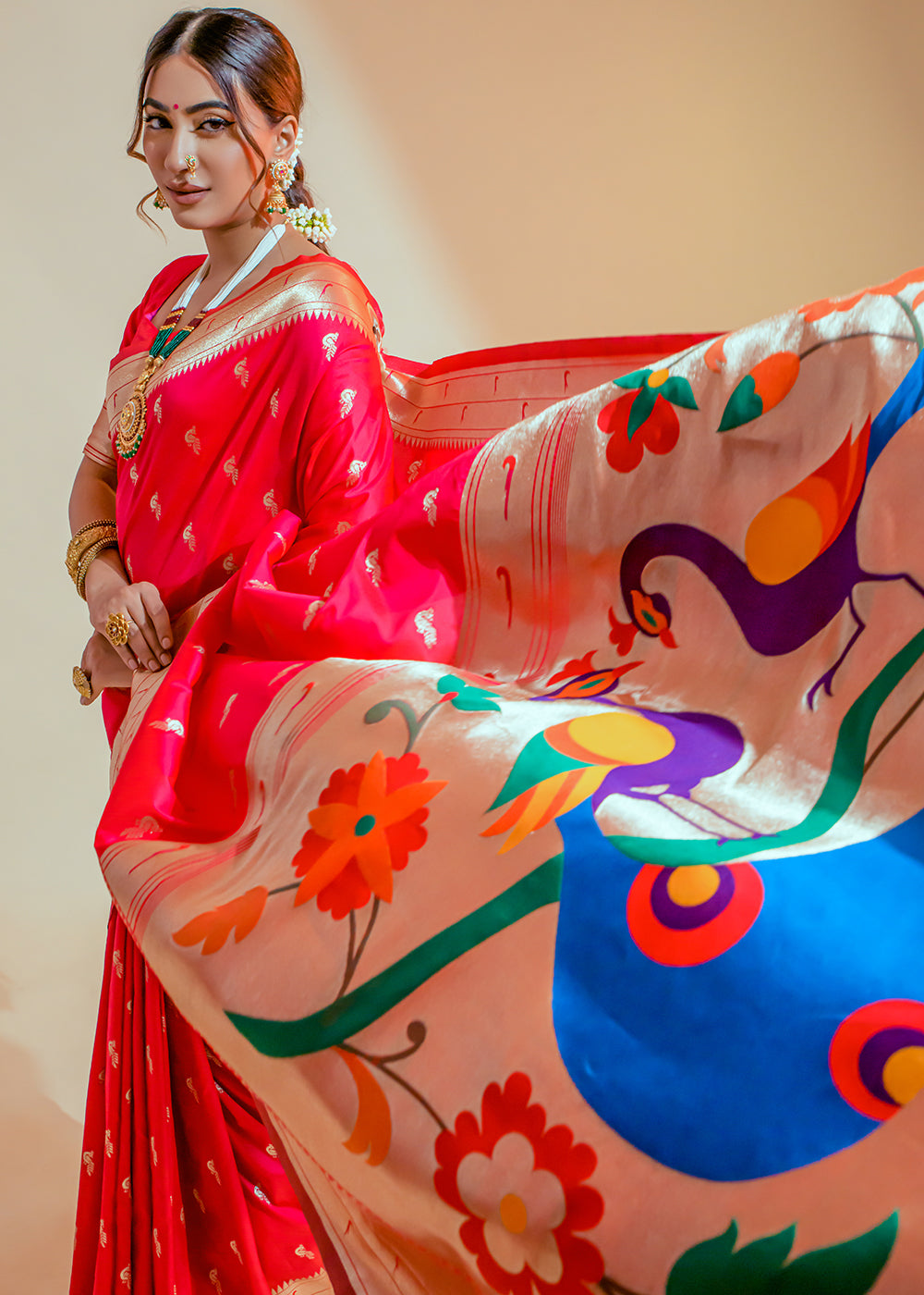 Scarlet Pink Woven Paithani Silk Saree