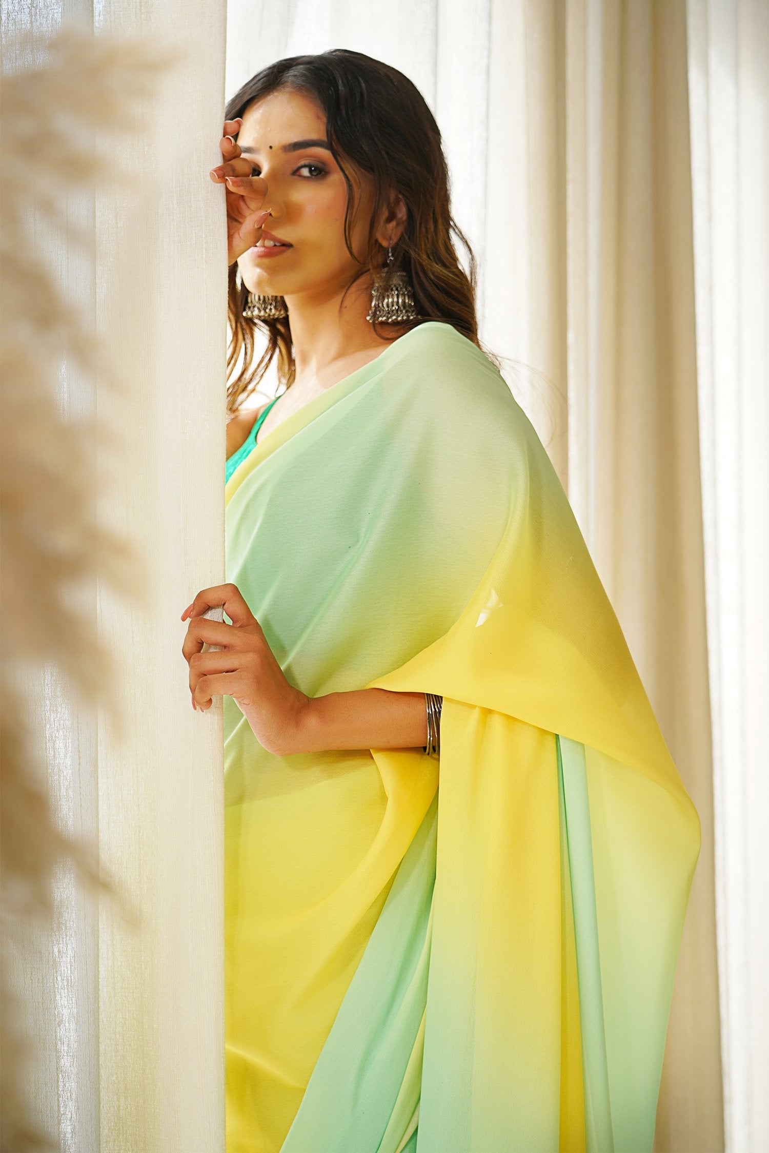 Cream Can Yellow and Green Crepe Silk Georgette Saree