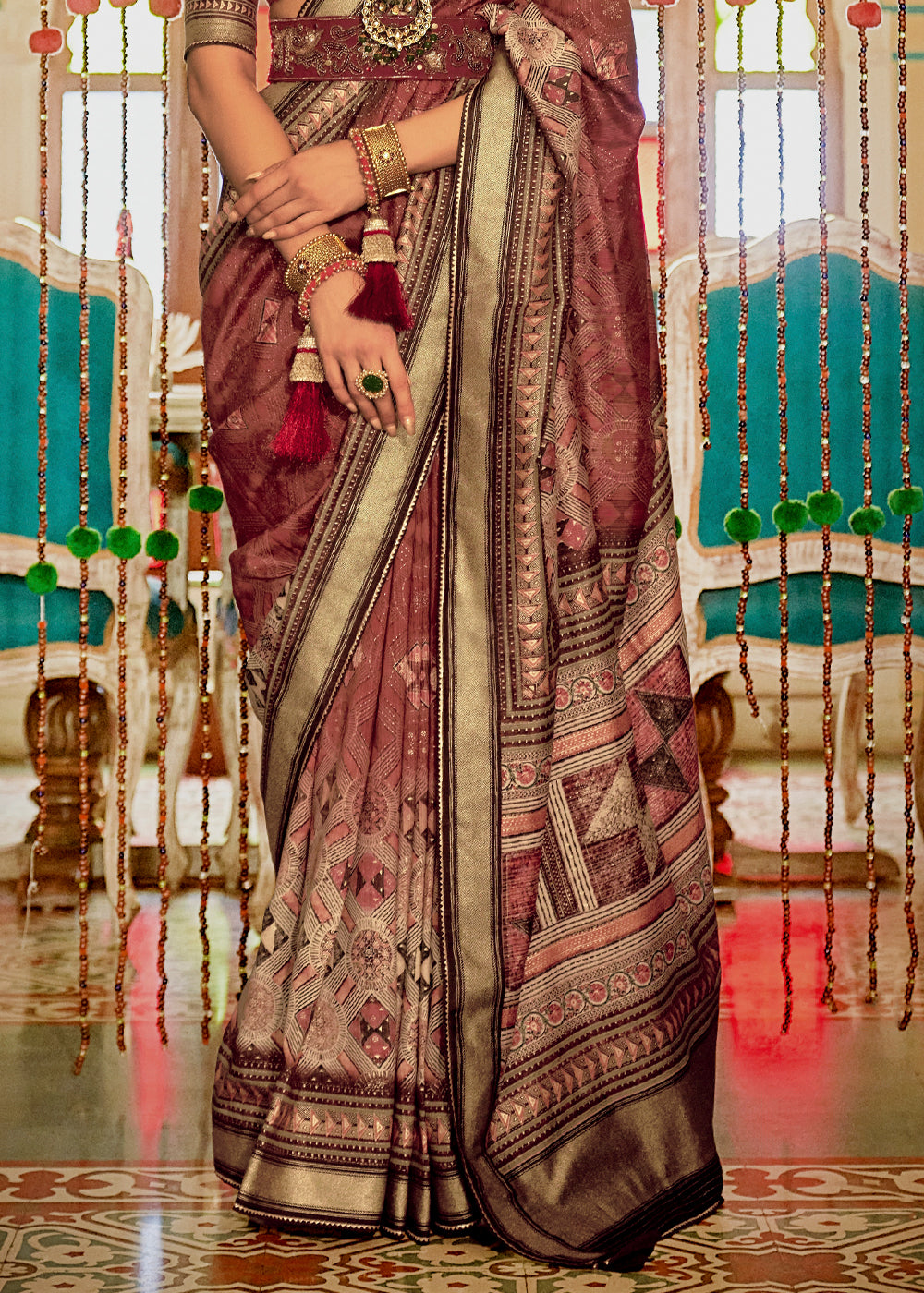 Sepia Brown Printed Patola Soft Silk Saree