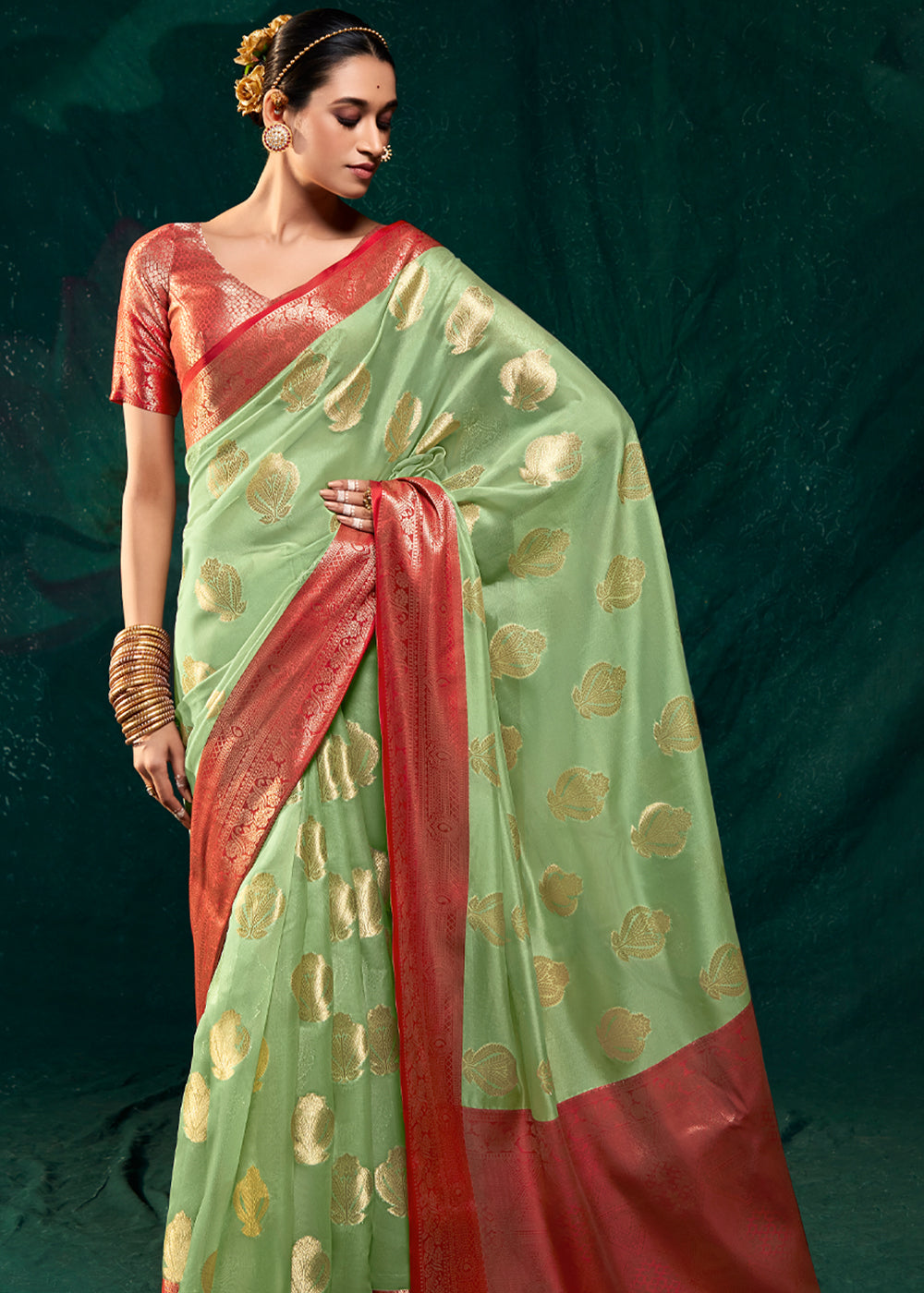 Olivine Green Woven Banarasi Organza Silk Saree