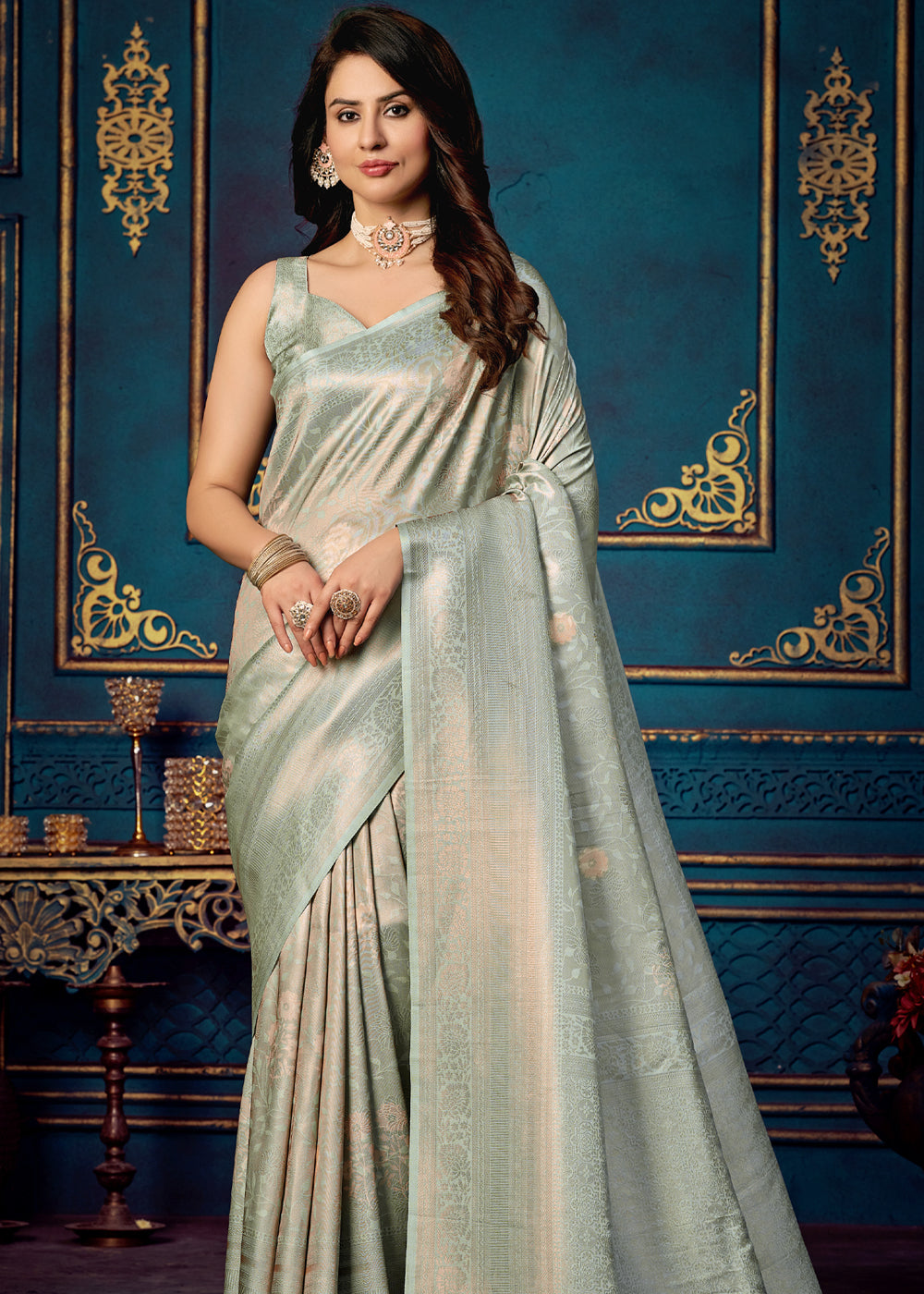 Delta Grey Woven Banarasi Jacquard Silk Saree