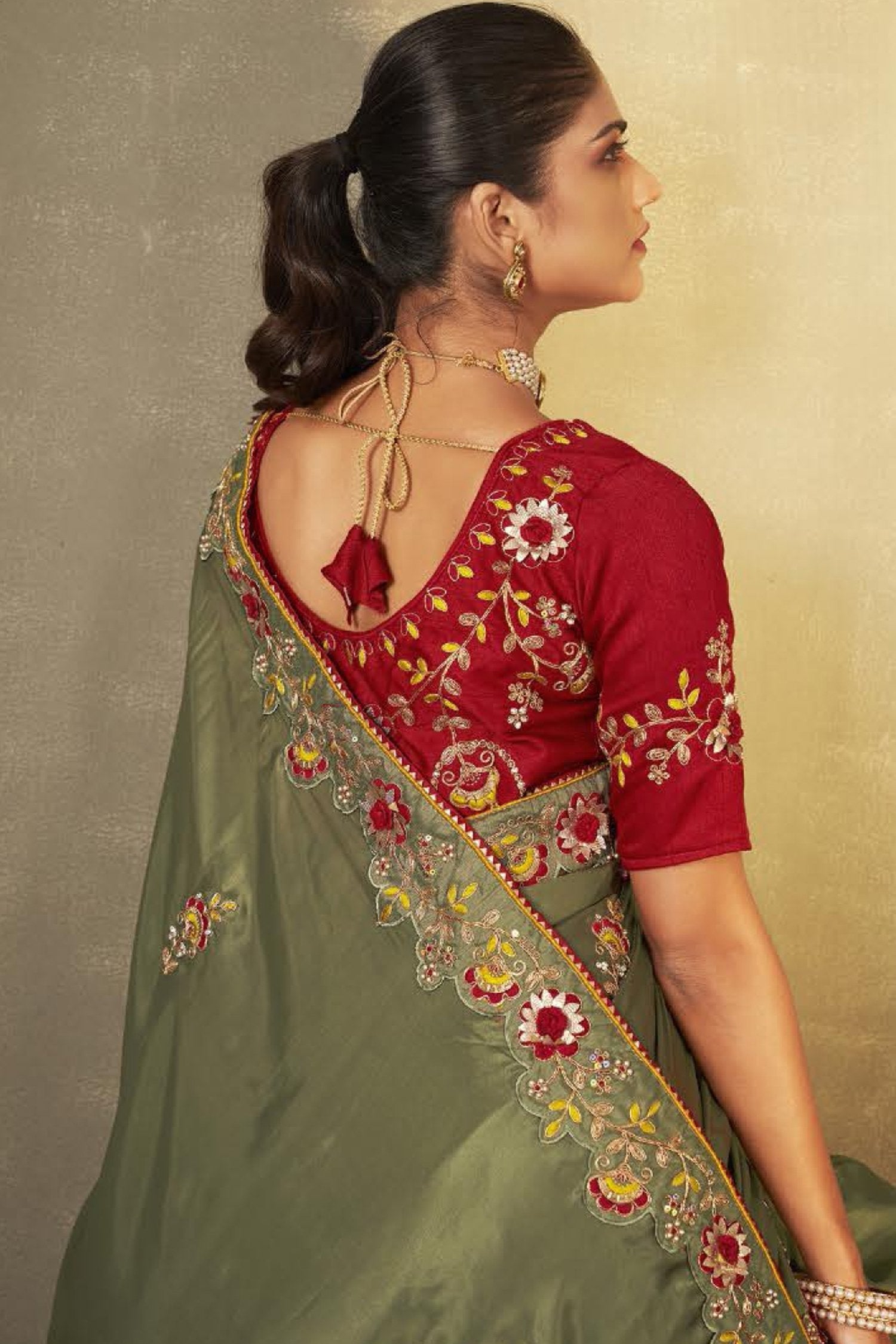 Hemlock Green and Maroon Embroidered Silk Saree with Designer Blouse