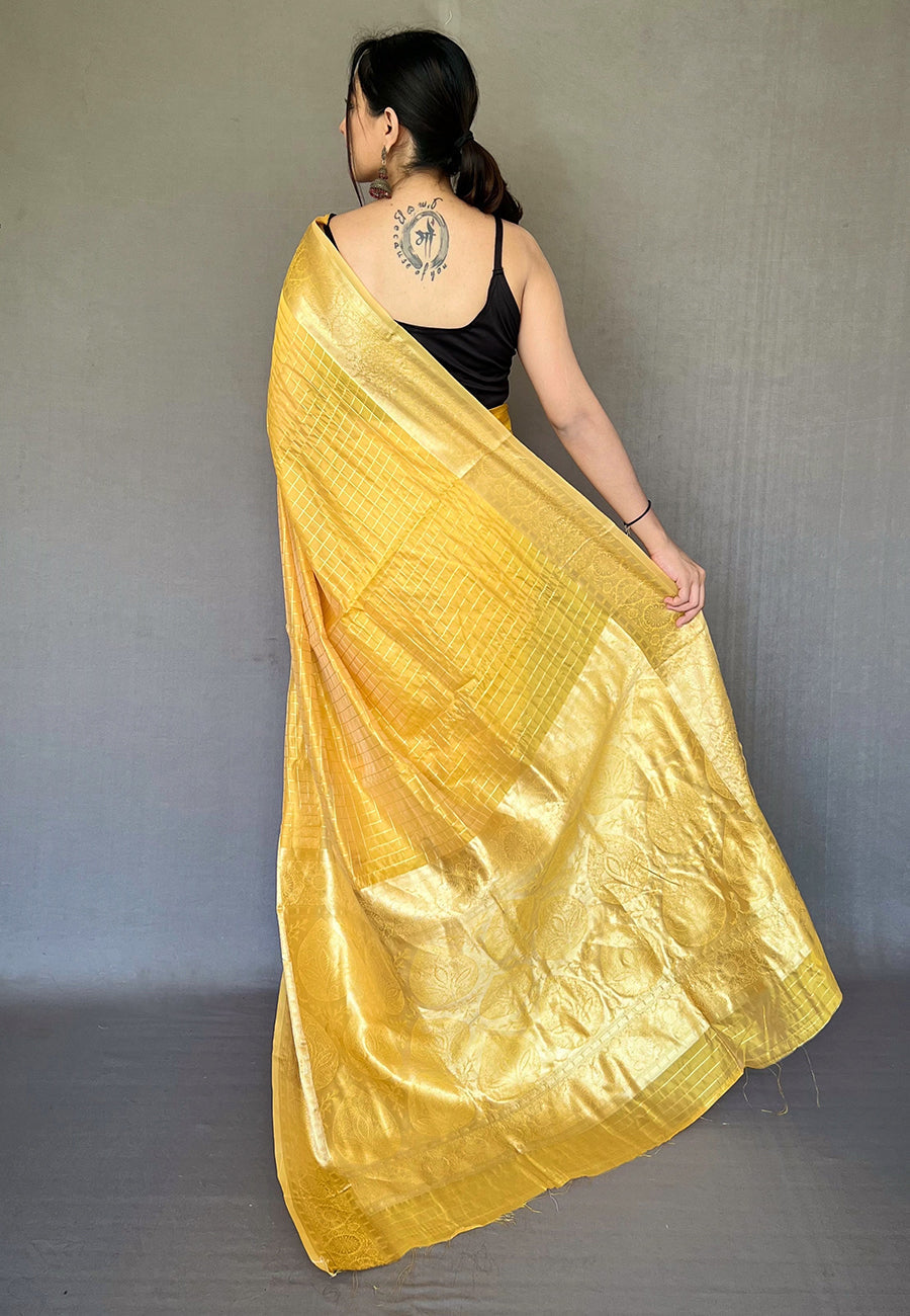 Old Gold Yellow Zari Woven Organza Checks Saree