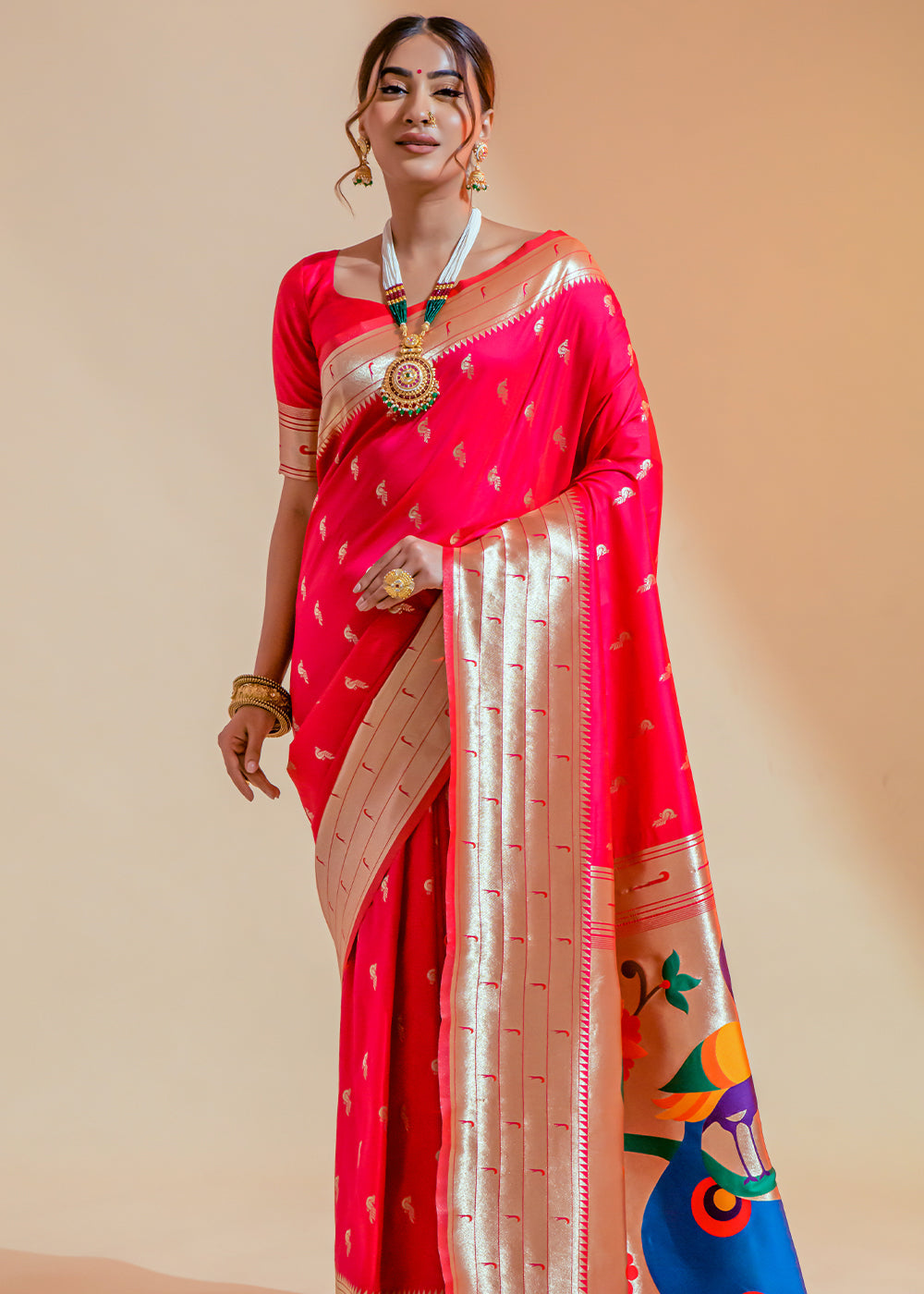 Scarlet Pink Woven Paithani Silk Saree