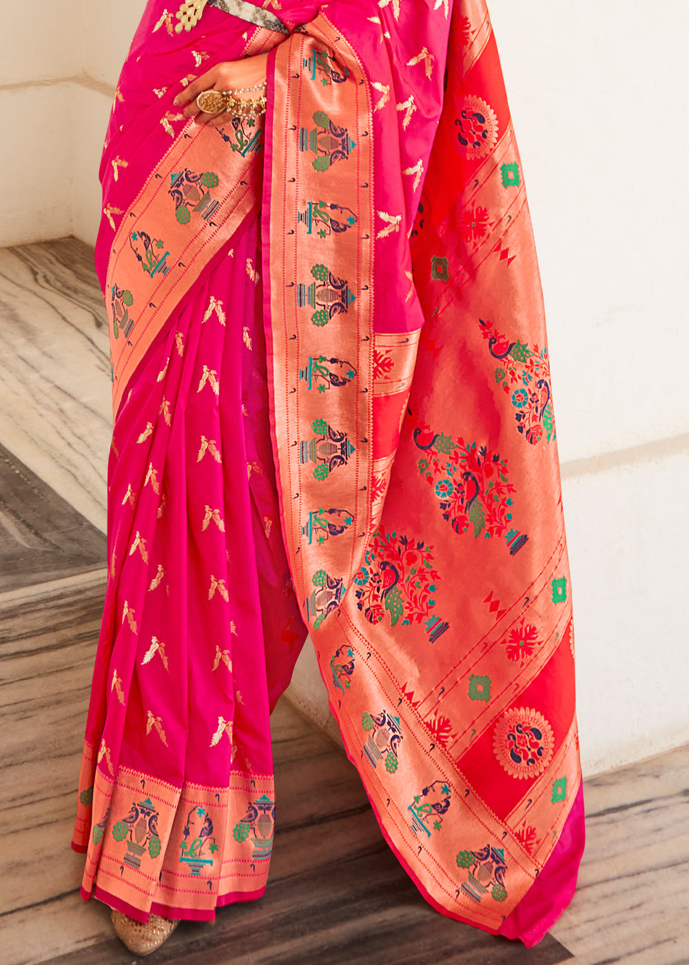 Amaranth Pink Zari Woven Paithani Silk Saree