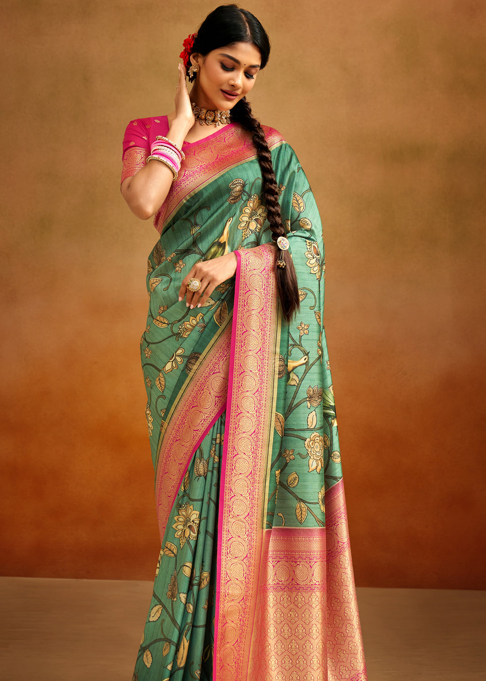 Tom Thumb Green Woven Banarasi Kalamkari Silk Saree