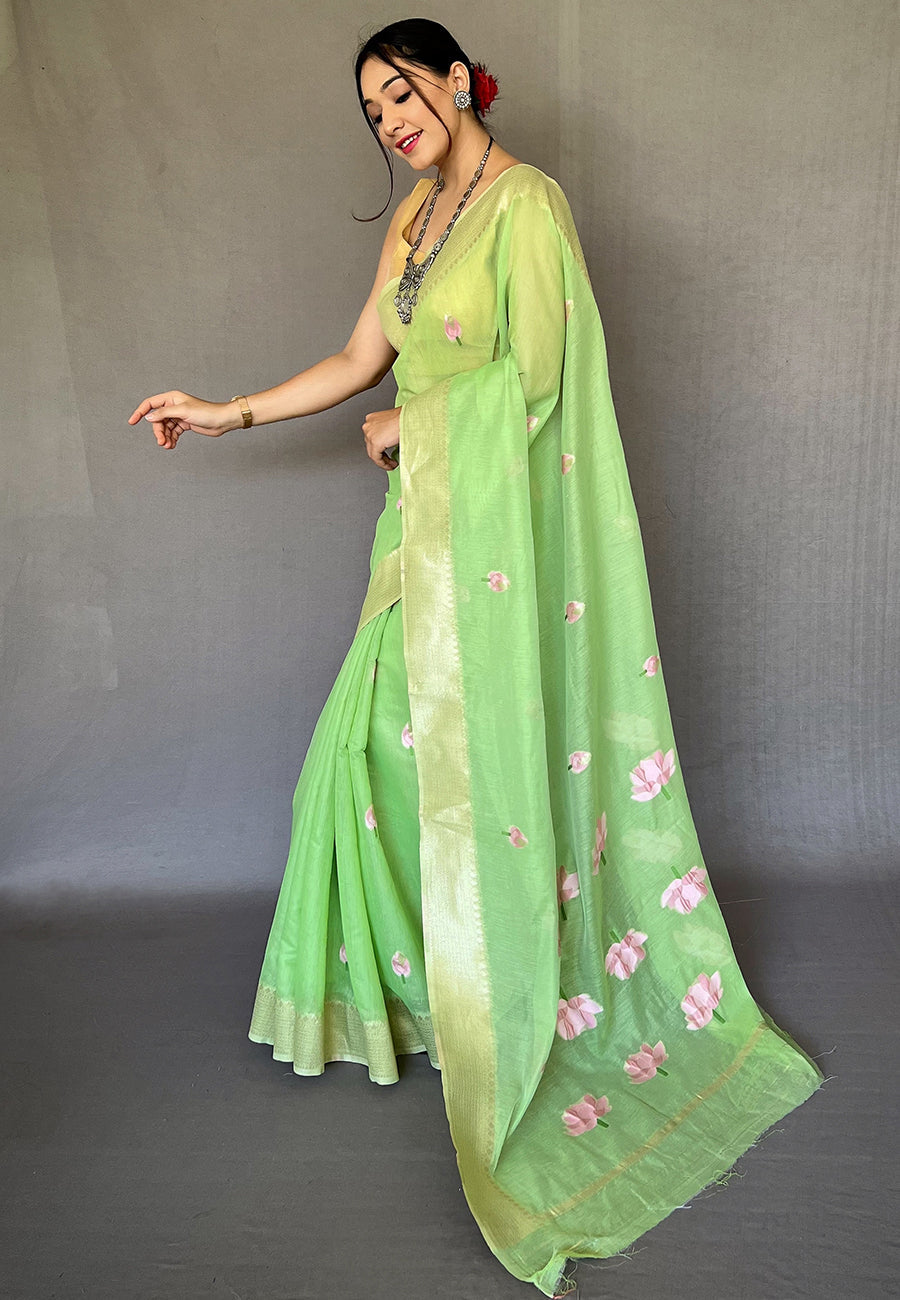 Gossip Green Cotton Lotus Woven Silk Saree