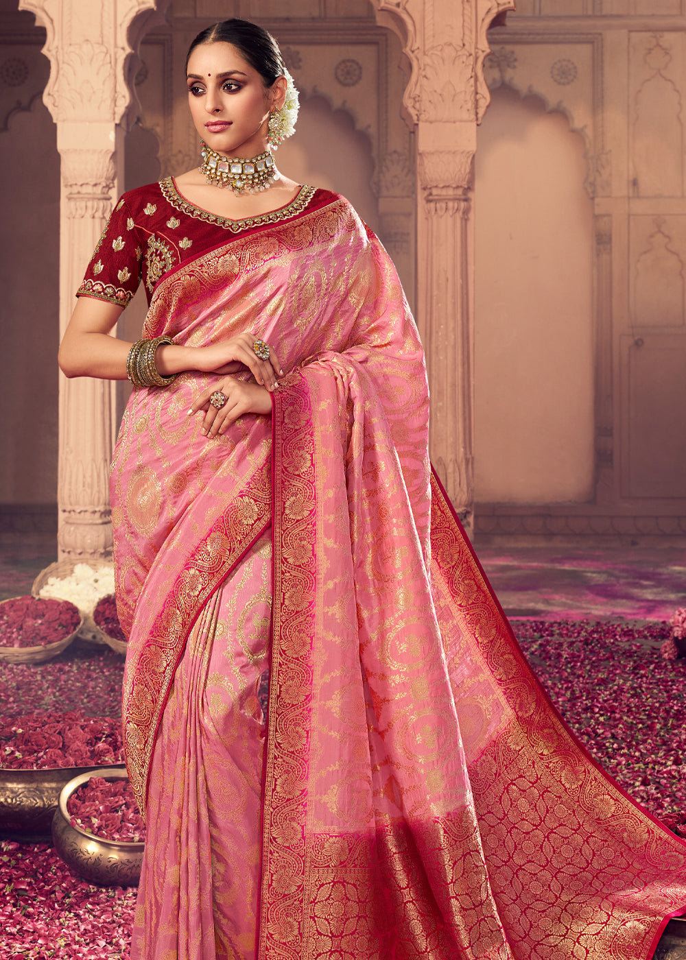 Apricot Pink and Brown Zari Woven Designer Banarasi Saree