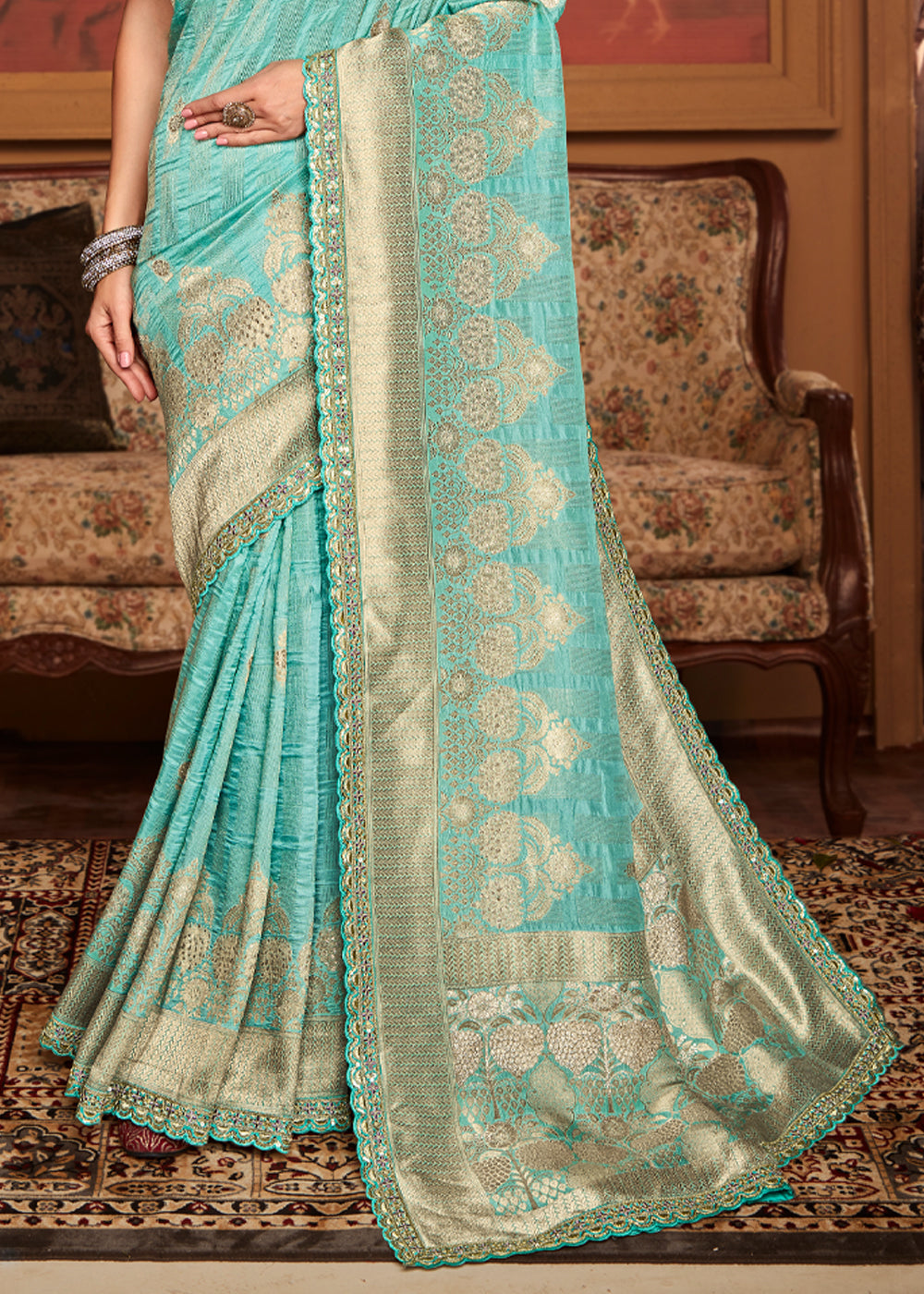 Sinbad Blue Woven Banarasi Designer Silk Saree With Embroidered Blouse