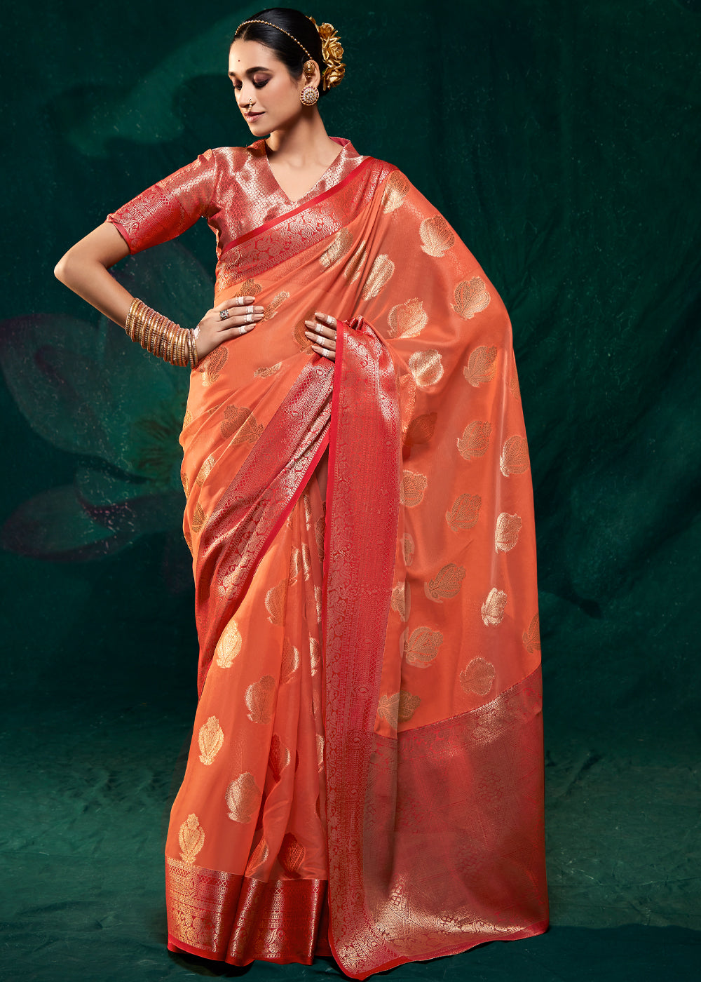 Jelly Bean Orange Woven Banarasi Organza Silk Saree