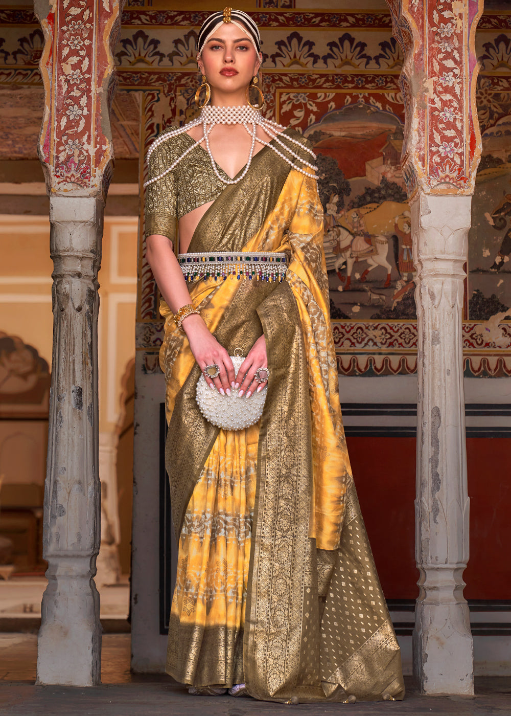 Pale Canary Yellow and Green Printed Patola Soft Silk Saree