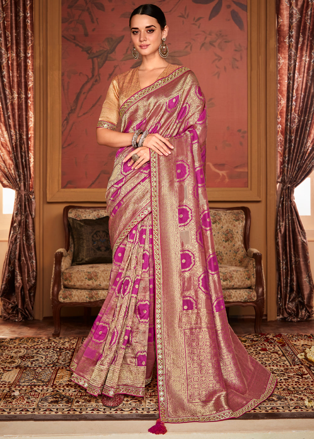 Hibiscus Pink Woven Banarasi Designer Silk Saree With Embroidered Blouse