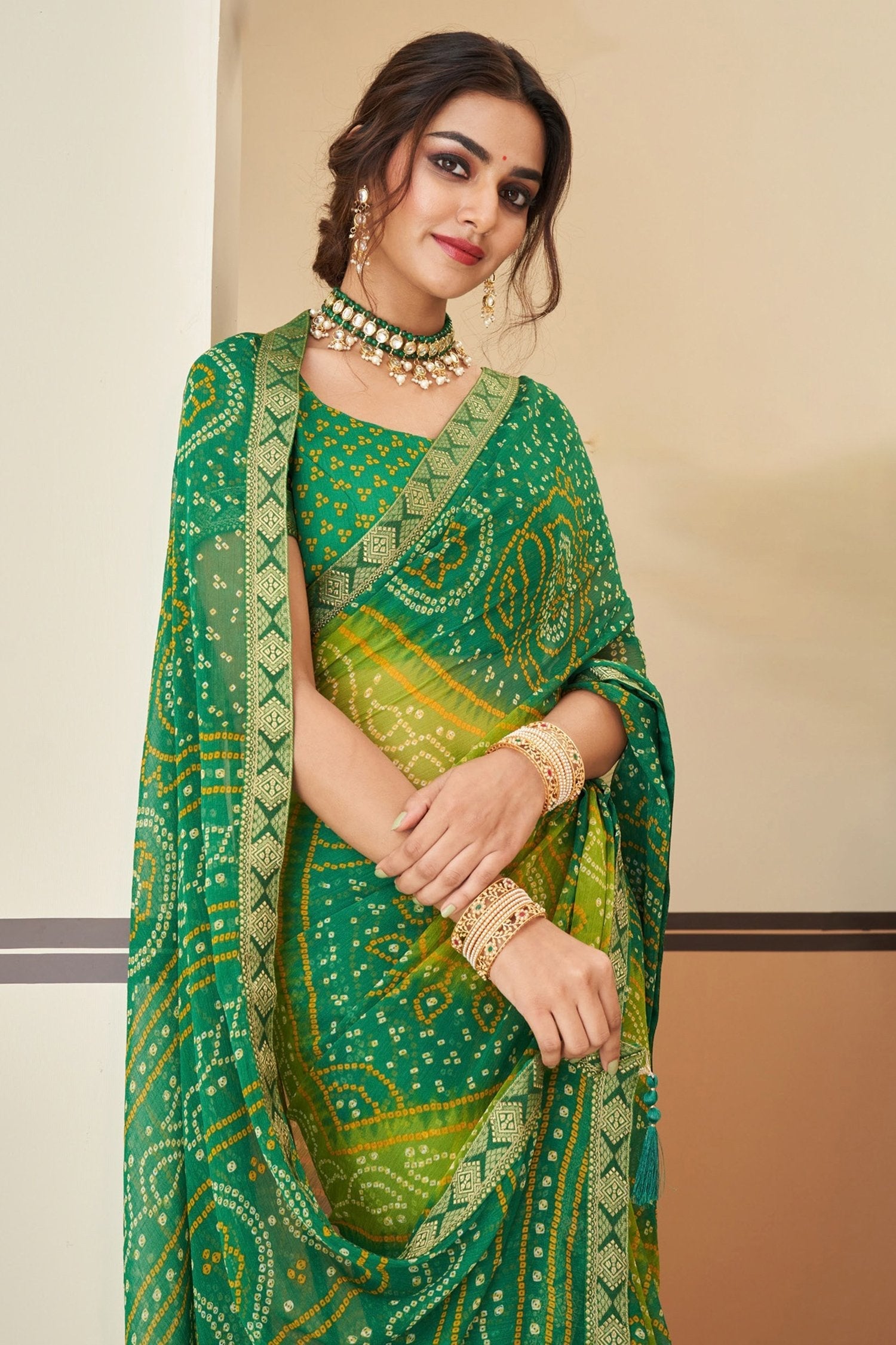 Aqua Forest Green Chiffon Bandhani saree