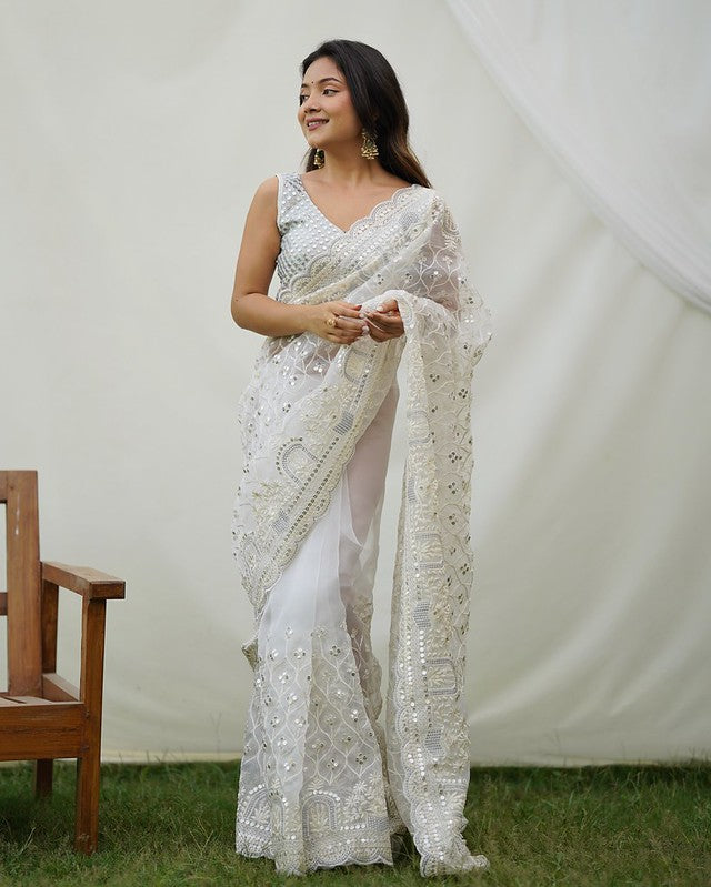 Desert Storm White Designer Organza saree with Sequence Work