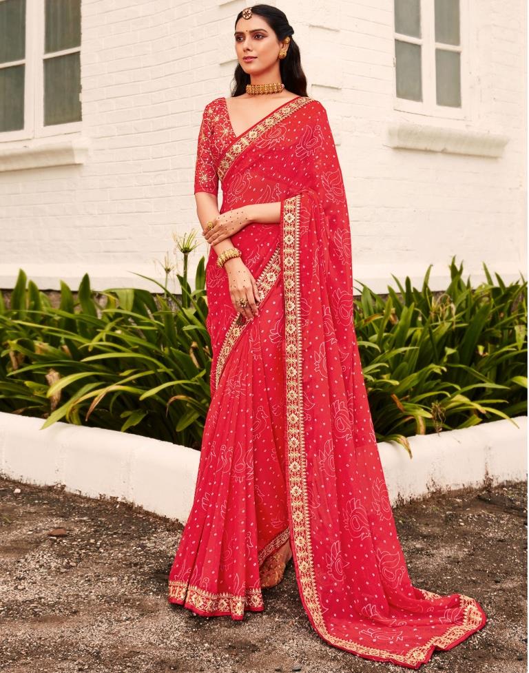 Amaranth Red Georgette Bandhani Saree