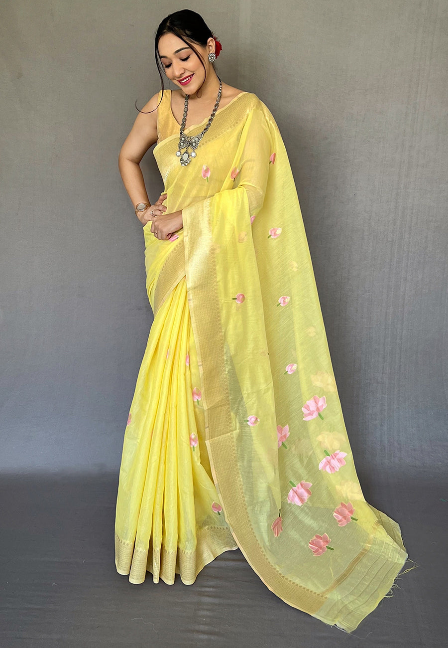 Marigold Yellow Cotton Lotus Woven Silk Saree