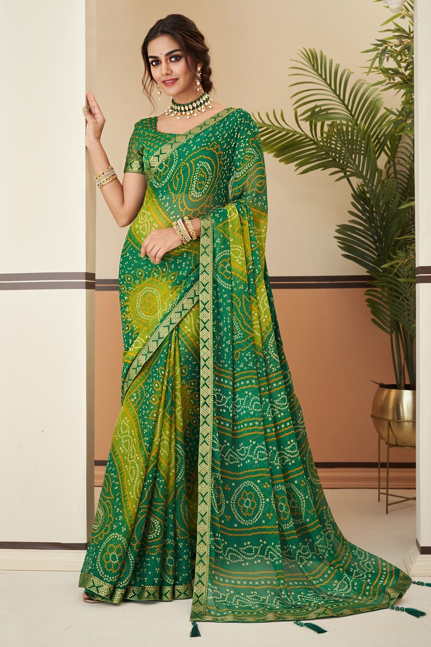 Aqua Forest Green Chiffon Bandhani saree