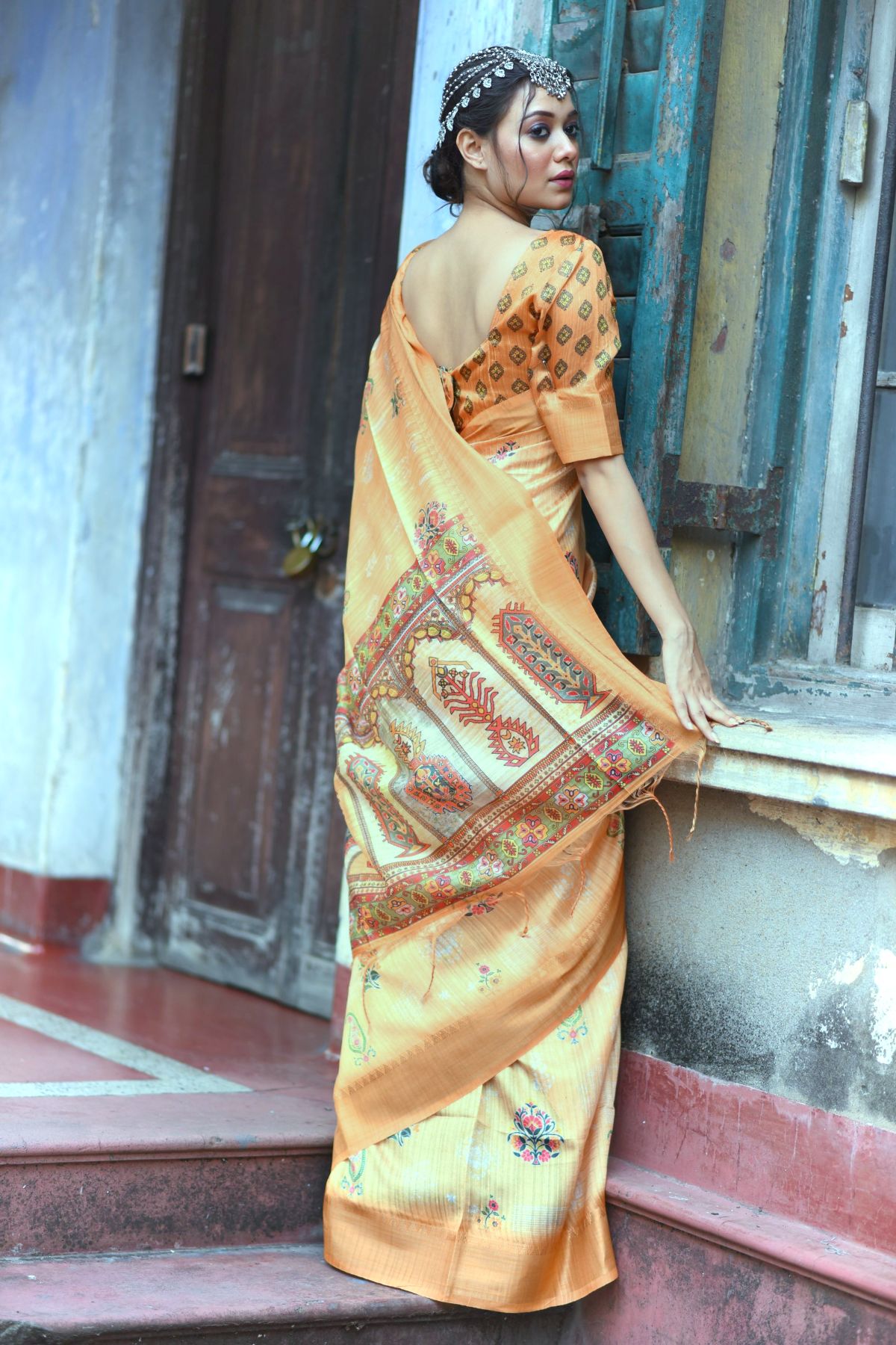 Caper Cream and Orange Printed South Silk Saree