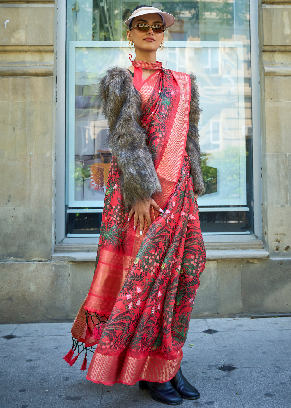 Brick Red Organza Printed Satin Silk Saree