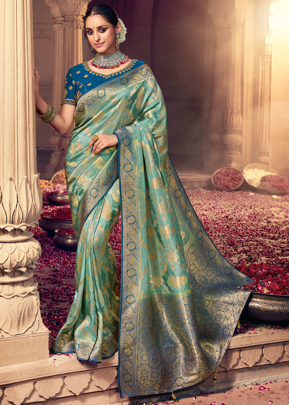 Summer Green and Blue Zari Woven Designer Banarasi Saree